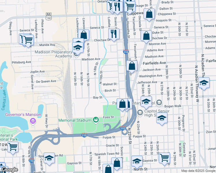 map of restaurants, bars, coffee shops, grocery stores, and more near 1910 Walnut Street in Baton Rouge