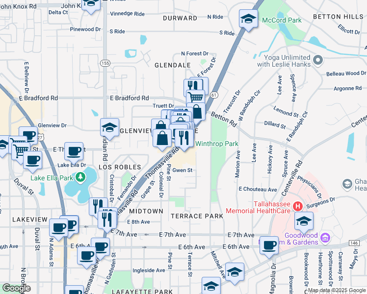 map of restaurants, bars, coffee shops, grocery stores, and more near 1817 Thomasville Road in Tallahassee