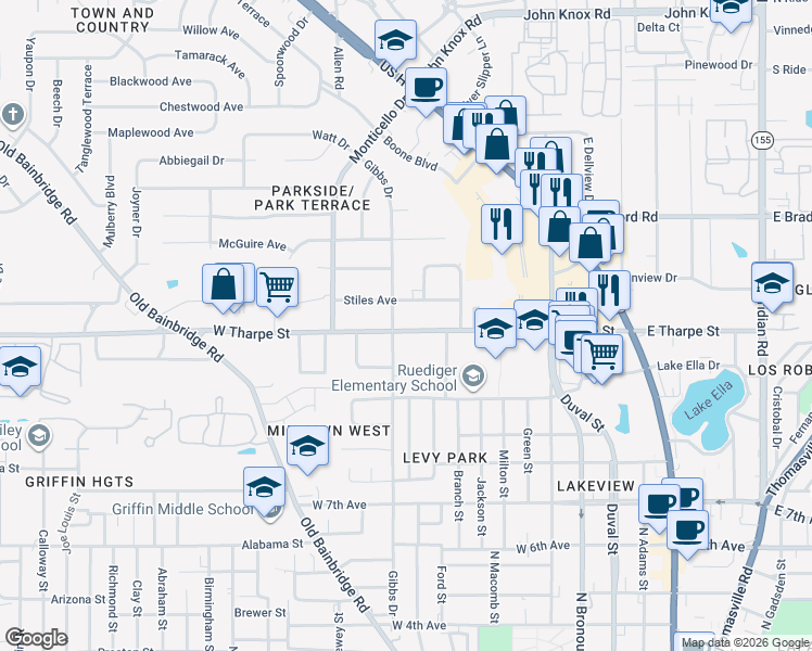 map of restaurants, bars, coffee shops, grocery stores, and more near 650 West Tharpe Street in Tallahassee