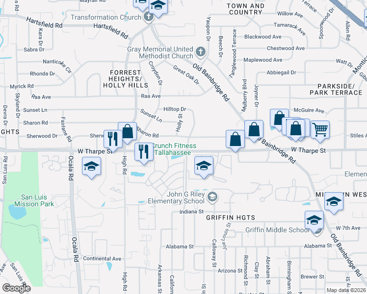 map of restaurants, bars, coffee shops, grocery stores, and more near 1416 West Tharpe Street in Tallahassee