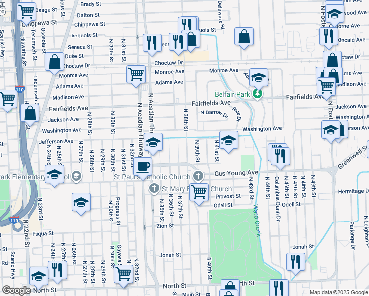 map of restaurants, bars, coffee shops, grocery stores, and more near 1731 North 38th Street in Baton Rouge