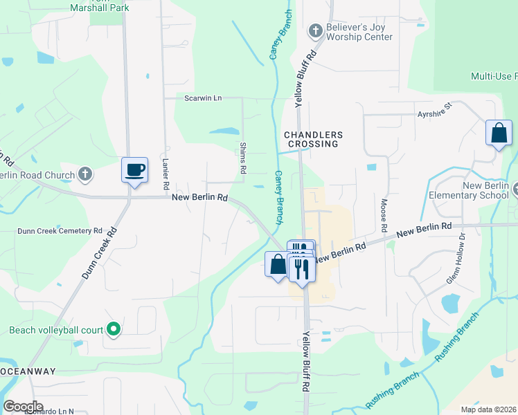 map of restaurants, bars, coffee shops, grocery stores, and more near 2935 New Berlin Road in Jacksonville