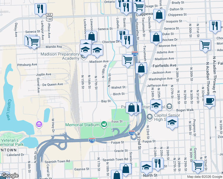 map of restaurants, bars, coffee shops, grocery stores, and more near 1855 Birch Street in Baton Rouge