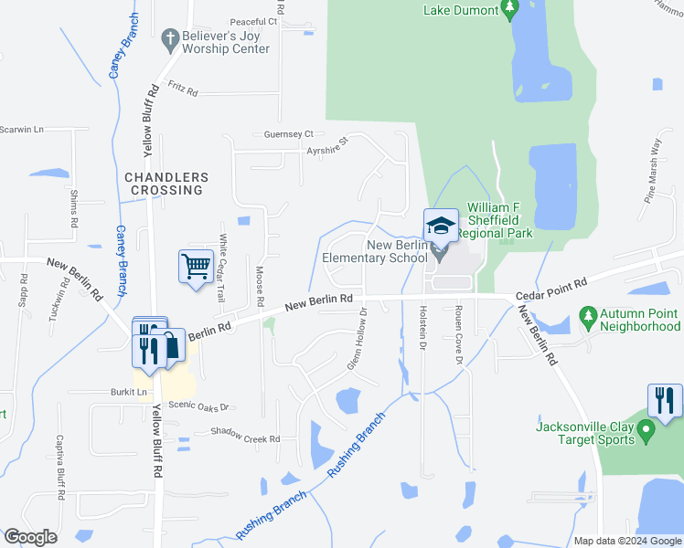 map of restaurants, bars, coffee shops, grocery stores, and more near 3430 Brahma Bull Court in Jacksonville