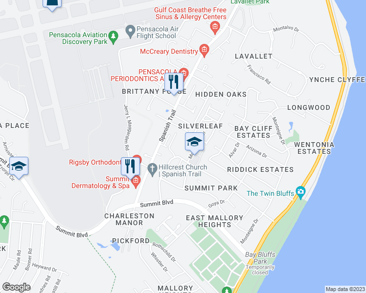 map of restaurants, bars, coffee shops, grocery stores, and more near 3450 Wimbledon Drive in Pensacola