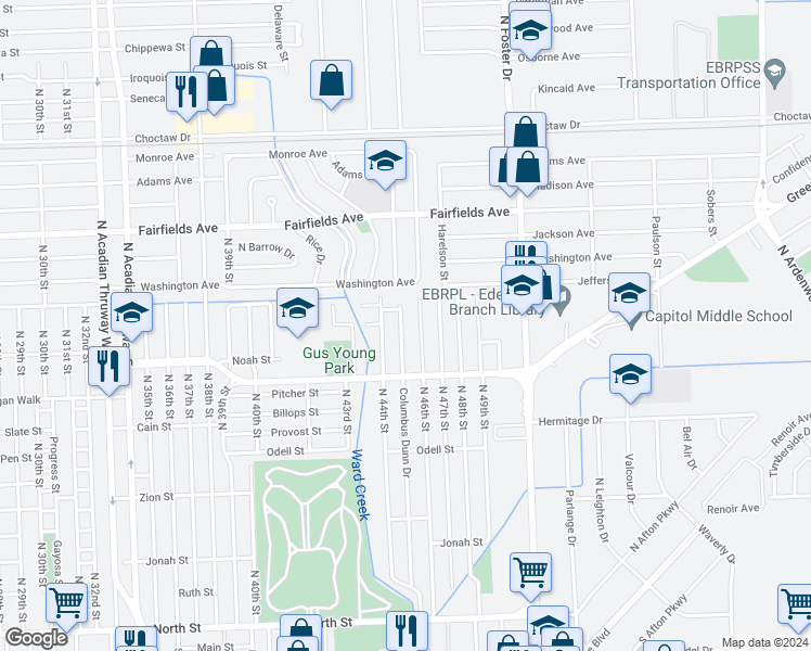 map of restaurants, bars, coffee shops, grocery stores, and more near 1654 Columbus Dunn Drive in Baton Rouge