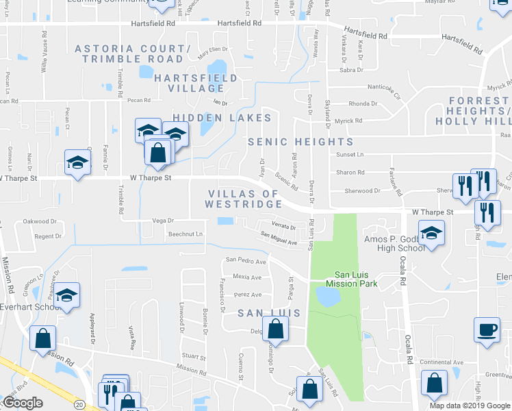 map of restaurants, bars, coffee shops, grocery stores, and more near 2193 Parrot Lane in Tallahassee