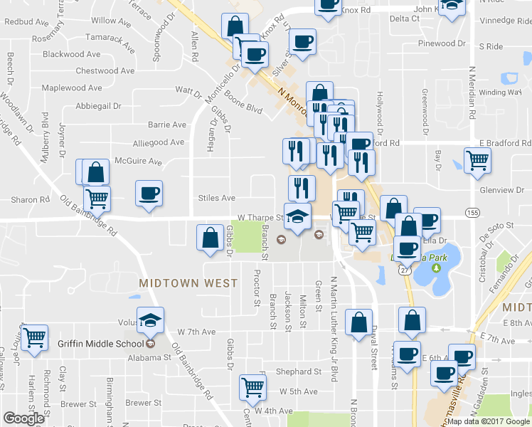 map of restaurants, bars, coffee shops, grocery stores, and more near 612 West Tharpe Street in Tallahassee