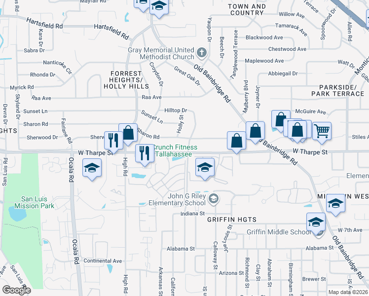map of restaurants, bars, coffee shops, grocery stores, and more near 1416 West Tharpe Street in Tallahassee