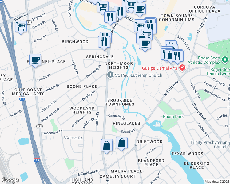 map of restaurants, bars, coffee shops, grocery stores, and more near 4277 Brookside Drive in Pensacola