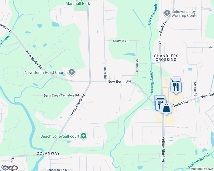 map of restaurants, bars, coffee shops, grocery stores, and more near 2564 New Berlin Road in Jacksonville