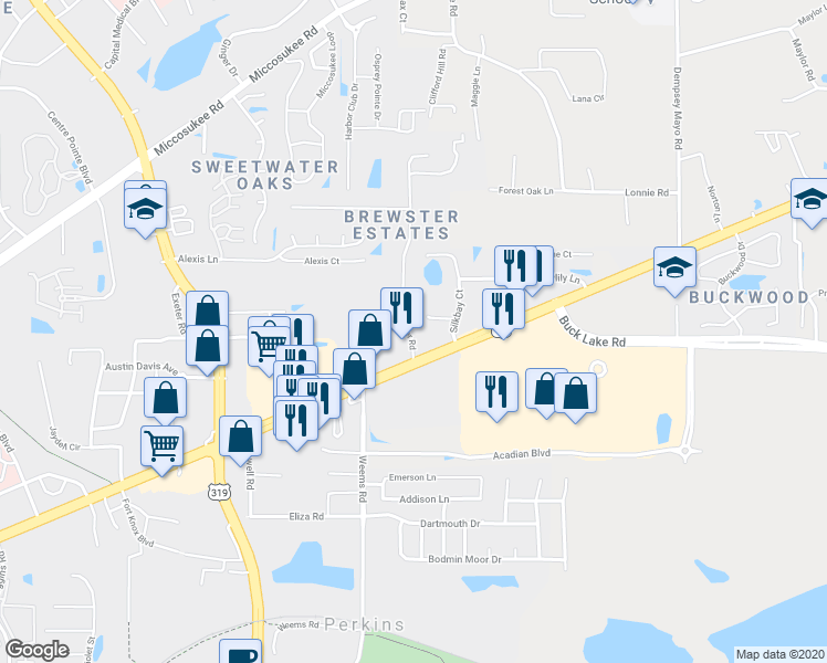 map of restaurants, bars, coffee shops, grocery stores, and more near 4001 Brewster Road in Tallahassee