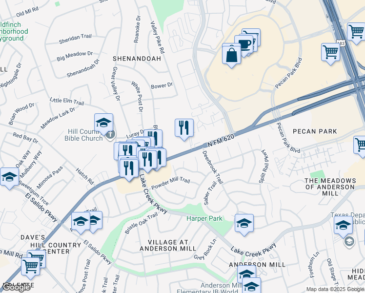 map of restaurants, bars, coffee shops, grocery stores, and more near 12342 Ranch Road 620 North in Austin