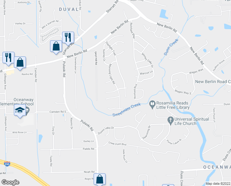 map of restaurants, bars, coffee shops, grocery stores, and more near 1175 Autumn Point Court in Jacksonville
