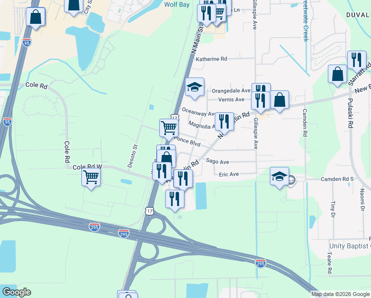 map of restaurants, bars, coffee shops, grocery stores, and more near 203 Sago Avenue in Jacksonville