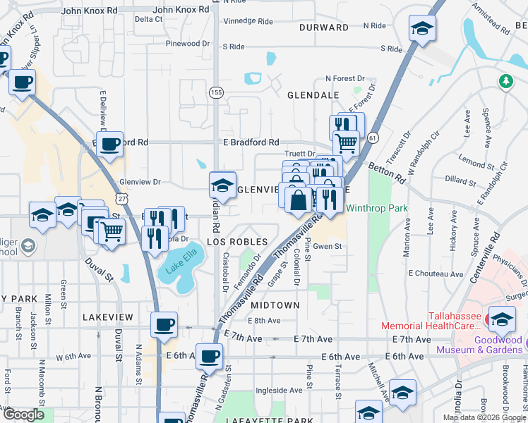 map of restaurants, bars, coffee shops, grocery stores, and more near 316 De Soto Street in Tallahassee