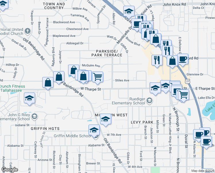 map of restaurants, bars, coffee shops, grocery stores, and more near 1715 Cordell Drive in Tallahassee