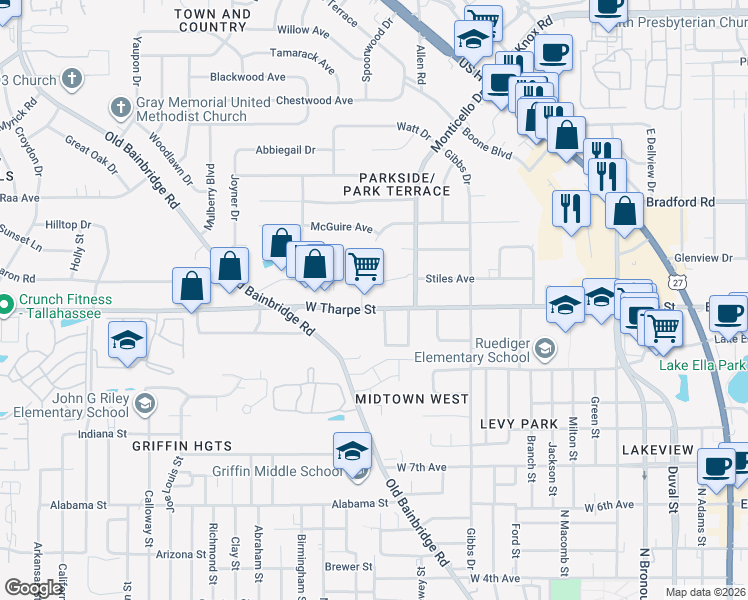 map of restaurants, bars, coffee shops, grocery stores, and more near 1715 Cordell Drive in Tallahassee