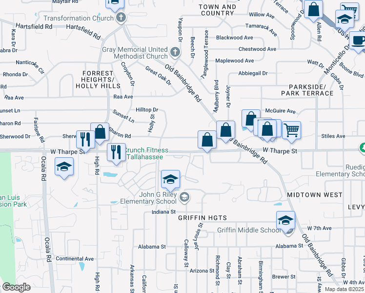 map of restaurants, bars, coffee shops, grocery stores, and more near 1318 West Tharpe Street in Tallahassee