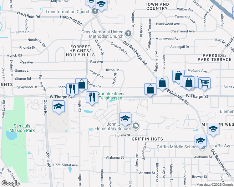 map of restaurants, bars, coffee shops, grocery stores, and more near 1422 West Tharpe Street in Tallahassee