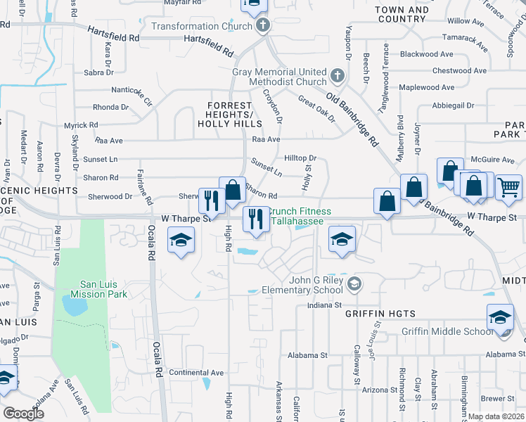 map of restaurants, bars, coffee shops, grocery stores, and more near 1522 West Tharpe Street in Tallahassee