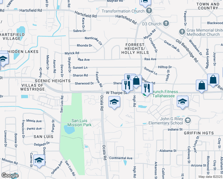 map of restaurants, bars, coffee shops, grocery stores, and more near 1800 Lilac Lane in Tallahassee