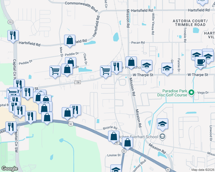 map of restaurants, bars, coffee shops, grocery stores, and more near 3130 Carriage Manor Circle in Tallahassee