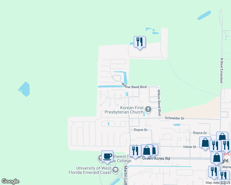 map of restaurants, bars, coffee shops, grocery stores, and more near 1824 Hunters Path in Fort Walton Beach