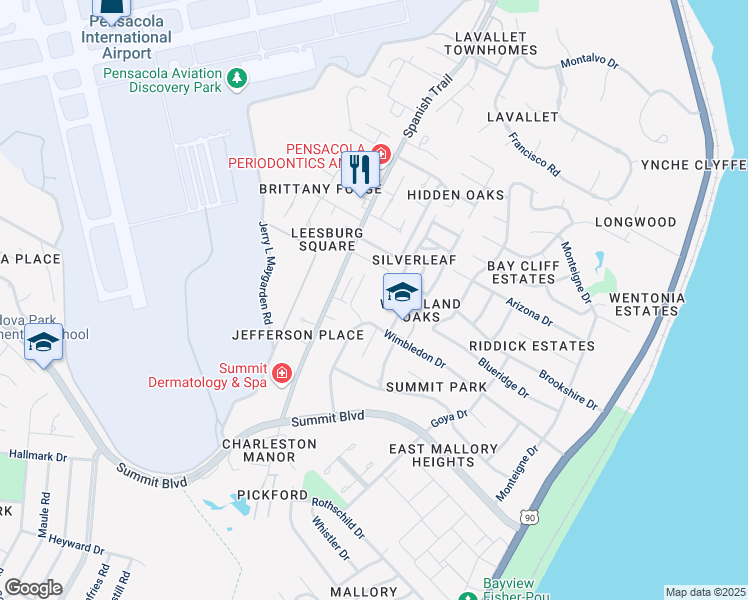 map of restaurants, bars, coffee shops, grocery stores, and more near 3450 Wimbledon Drive in Pensacola