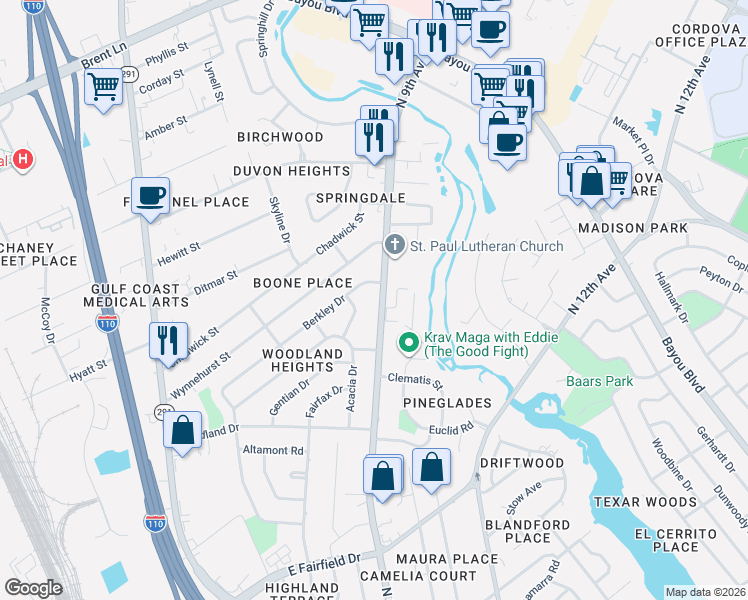 map of restaurants, bars, coffee shops, grocery stores, and more near 4479 North 9th Avenue in Pensacola
