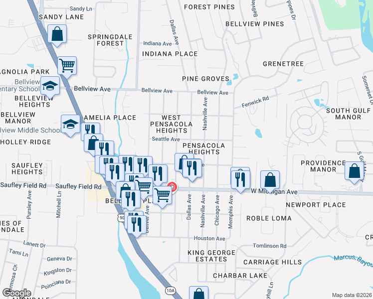 map of restaurants, bars, coffee shops, grocery stores, and more near 6112 Dallas Avenue in Pensacola