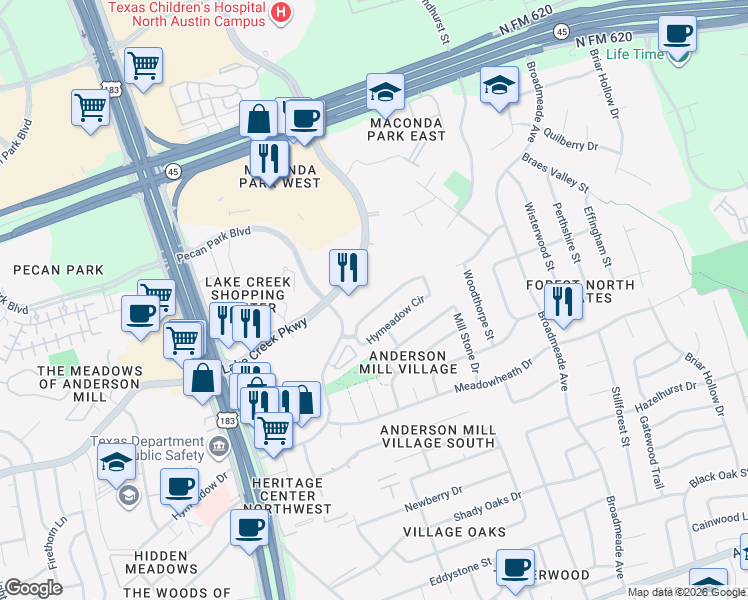 map of restaurants, bars, coffee shops, grocery stores, and more near 13513 Hymeadow Circle in Austin