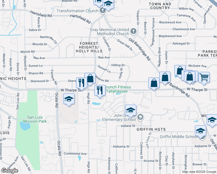 map of restaurants, bars, coffee shops, grocery stores, and more near 1510 West Tharpe Street in Tallahassee