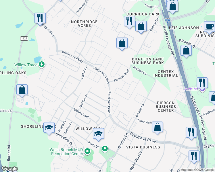 map of restaurants, bars, coffee shops, grocery stores, and more near 3400 Celosia Cove in Austin