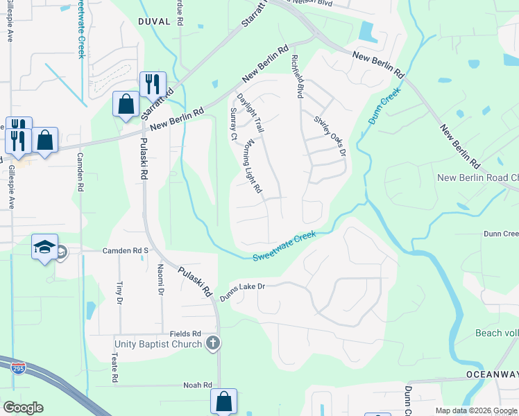 map of restaurants, bars, coffee shops, grocery stores, and more near 1175 Autumn Point Court in Jacksonville