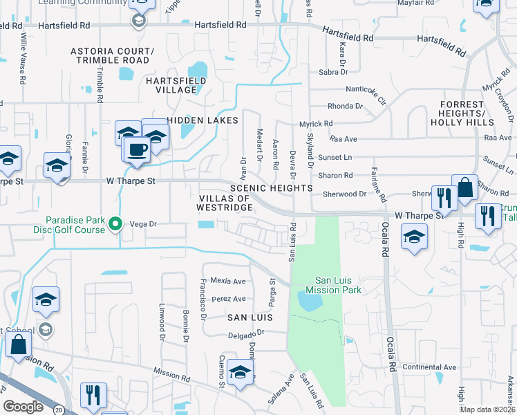 map of restaurants, bars, coffee shops, grocery stores, and more near 2101 Sandpiper Street in Tallahassee