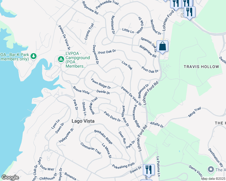 map of restaurants, bars, coffee shops, grocery stores, and more near 20806 Buena Vista in Lago Vista