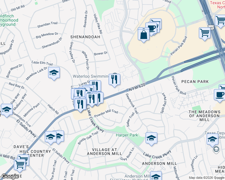 map of restaurants, bars, coffee shops, grocery stores, and more near 12332 Ranch Road 620 North in Austin