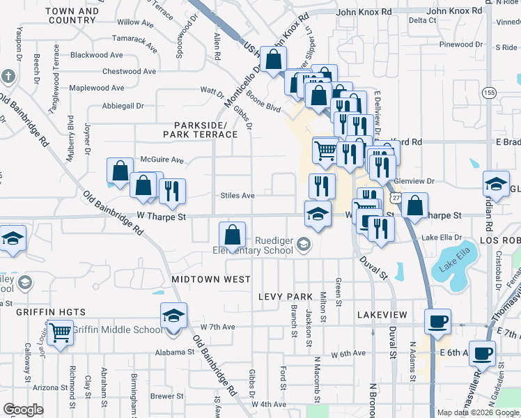 map of restaurants, bars, coffee shops, grocery stores, and more near 650 West Tharpe Street in Tallahassee