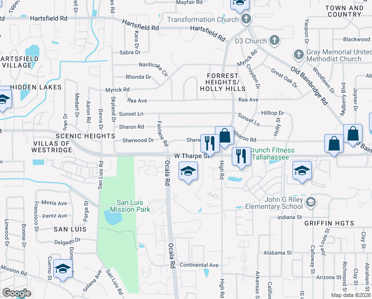 map of restaurants, bars, coffee shops, grocery stores, and more near 1800 Lilac Lane in Tallahassee