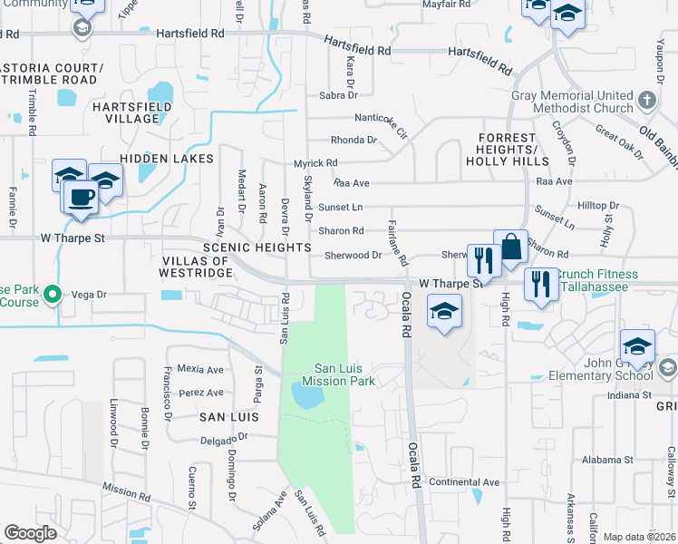 map of restaurants, bars, coffee shops, grocery stores, and more near 2063 West Tharpe Street in Tallahassee