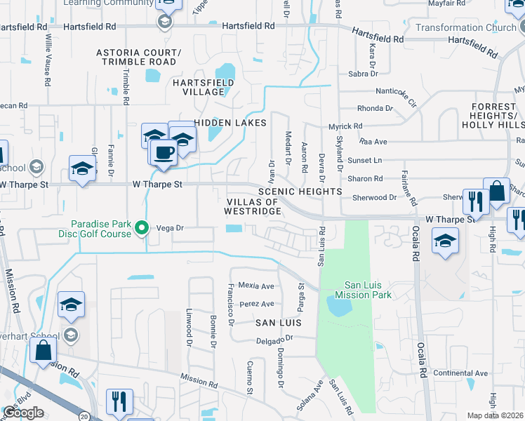 map of restaurants, bars, coffee shops, grocery stores, and more near 2588 Verrata Drive in Tallahassee