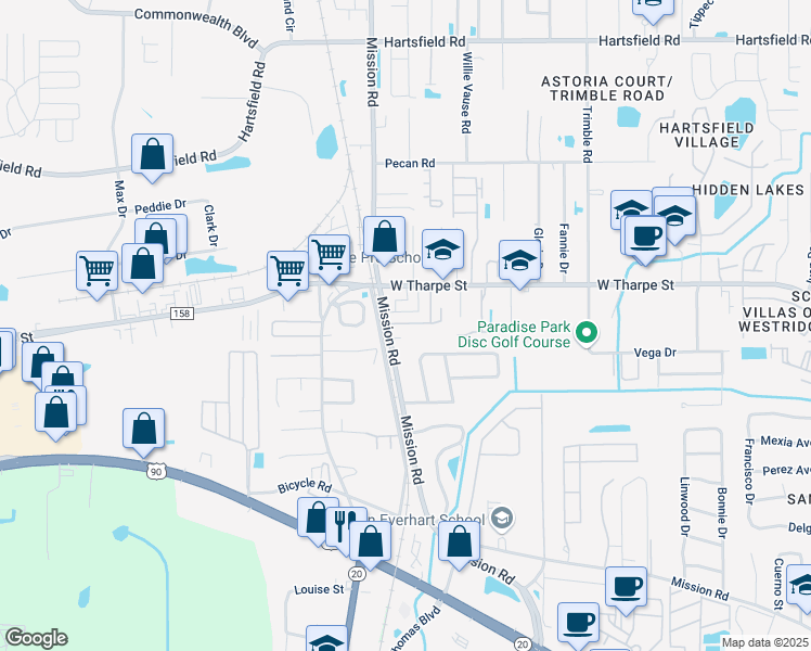 map of restaurants, bars, coffee shops, grocery stores, and more near 2925 Mission Road in Tallahassee