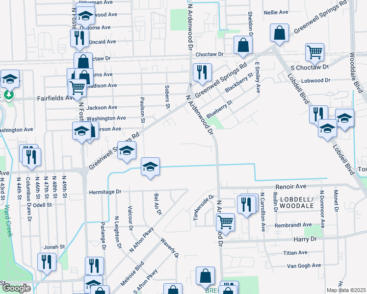 map of restaurants, bars, coffee shops, grocery stores, and more near 5755 Hermitage Drive in Baton Rouge