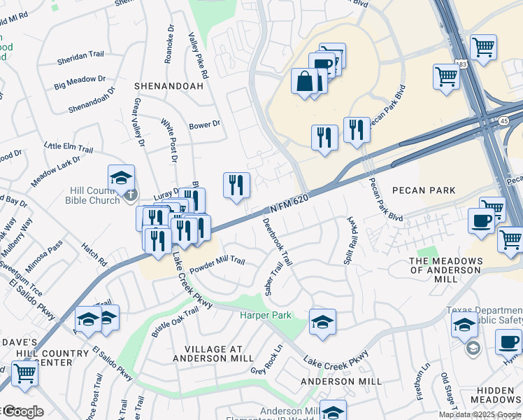 map of restaurants, bars, coffee shops, grocery stores, and more near 12336 Deerbrook Trail in Austin