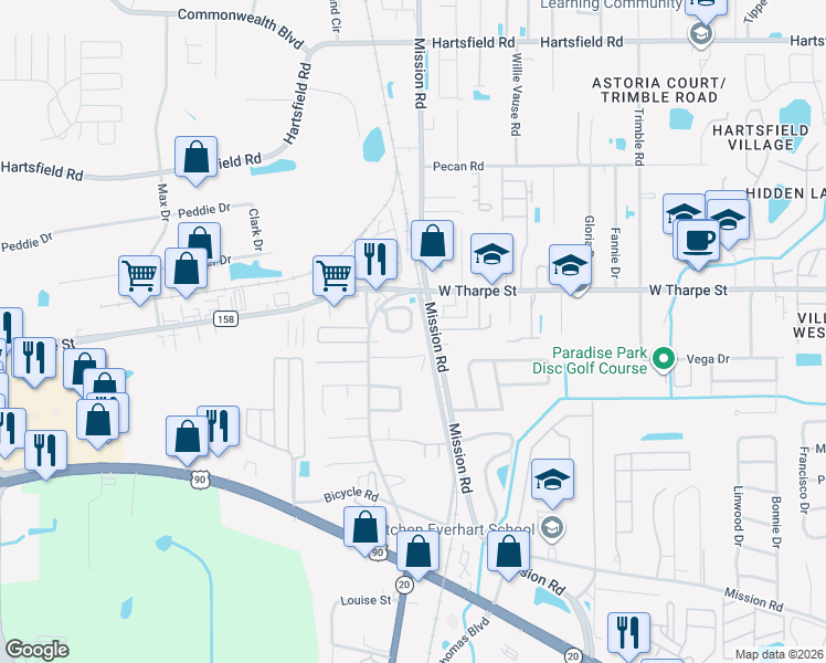 map of restaurants, bars, coffee shops, grocery stores, and more near 1550 Devoe Street in Tallahassee