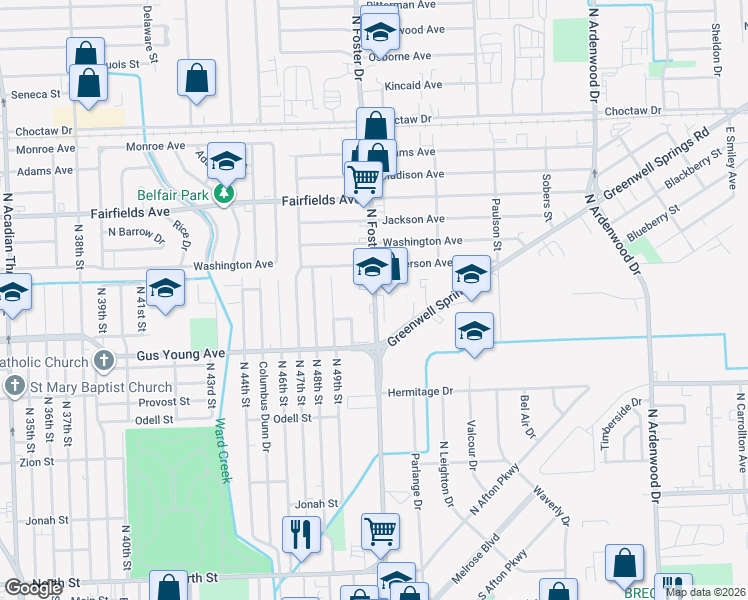 map of restaurants, bars, coffee shops, grocery stores, and more near 1645 North Foster Drive in Baton Rouge
