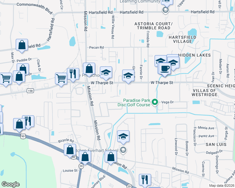 map of restaurants, bars, coffee shops, grocery stores, and more near 2719 West Tharpe Street in Tallahassee