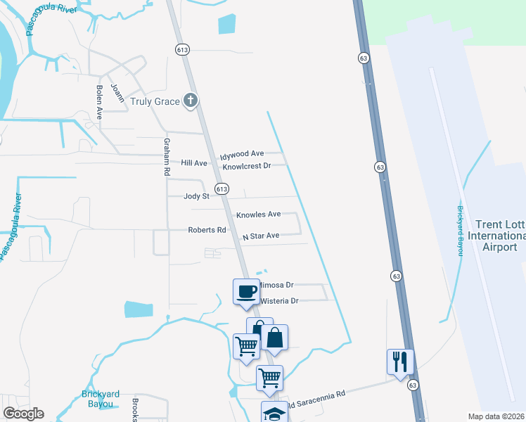 map of restaurants, bars, coffee shops, grocery stores, and more near 4216 Knowles Avenue in Moss Point