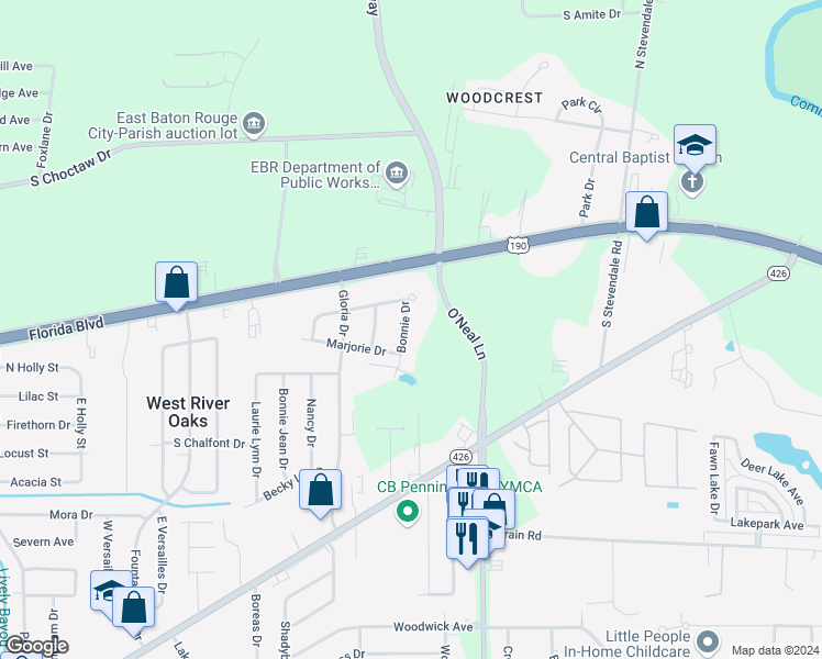 map of restaurants, bars, coffee shops, grocery stores, and more near 247 Bonnie Drive in Baton Rouge